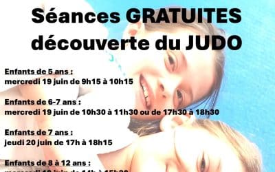 Séances gratuites pour découvrir le judo :) 19 juin à 9h15 pour les 5 ans, 10h30 OU 17h30 pour les 6/7 ans, 14h pour les 8 à 12 ans et le 20 juin à 17h pour les 7ans
